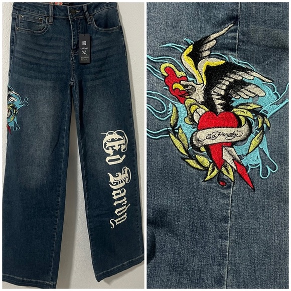Ed Hardy Womens Wide Leg High Rise Jeans Size 26 Embroidered Eagle Heart Y2K 90s - Picture 1 of 15